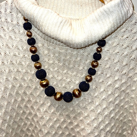Vintage Beaded Boho Blue Gold Bauble Bead Necklace 18 inch - Picture 1 of 5